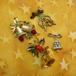 Christmas Dangle Bell Ornament Brooch Lot ~ Vintage Holiday Brooch Collection